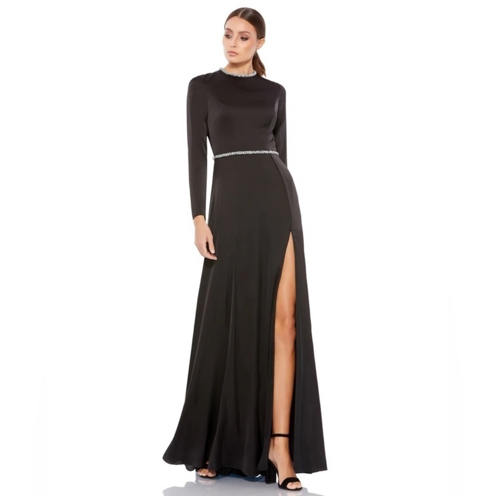 Mac Duggal by Ieena Crystal Trim Long Sleeve High Slit A-Line Gown - Picture 14 of 14